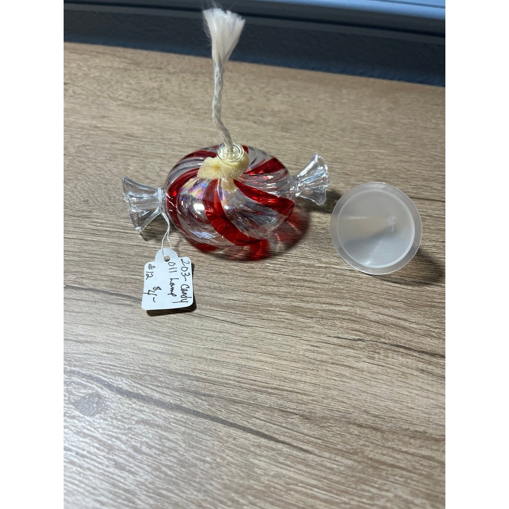 Princess House Crystal Candy Oil Lamp w/Red‎ Peppermint Stripes - #6465 3"